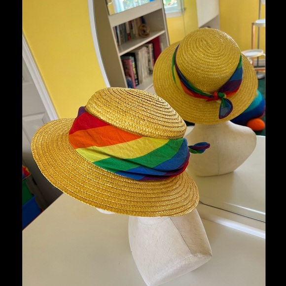 🌈 Hat & 2 bands : yellow straw hat / neutral lace ribbon and rainbow bandana - Picture 5 of 16